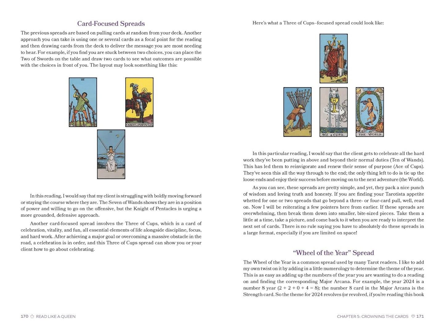 Page from a book or guide on card-focused spreads with tarot card illustrations.
