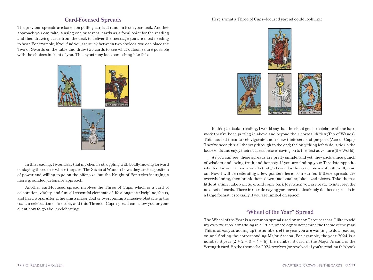 Page from a book or guide on card-focused spreads with tarot card illustrations.