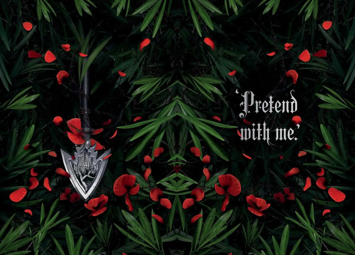 Silver arrowhead pendant with red petals and green leaves on a dark background with text 'Pretend with me'. Lauren roberts reckless Powerless trilogy 