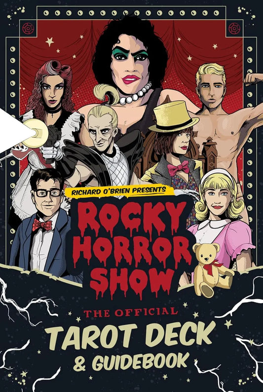 Cover of 'Rocky Horror Show' tarot deck and guidebook with illustrated characters and text.
