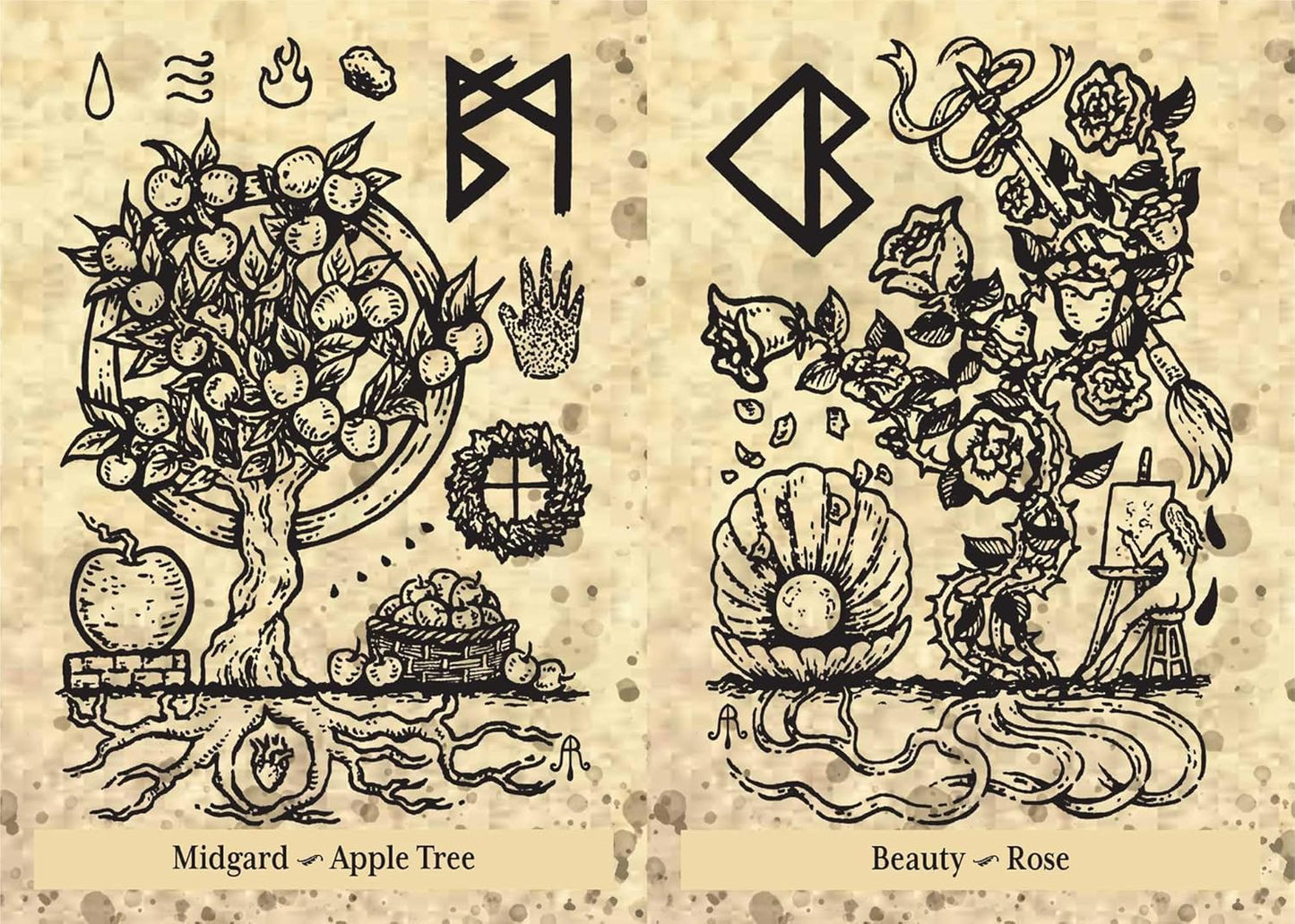 Two illustrated designs labeled 'Midgard Apple Tree' and 'Beauty Rose' on a textured background.