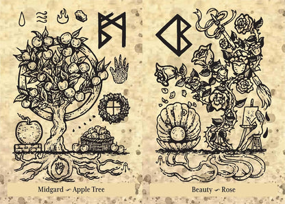 Two illustrated designs labeled 'Midgard Apple Tree' and 'Beauty Rose' on a textured background.