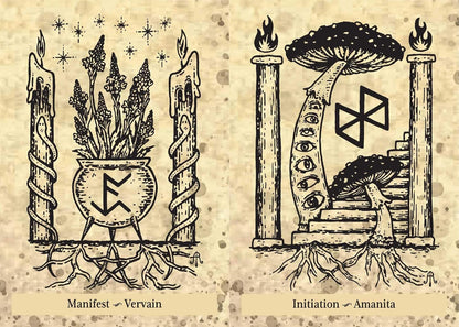 Two illustrations of mystical symbols and elements on a textured background.