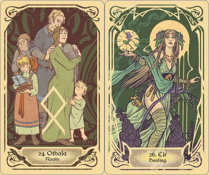 Runes and the Gods Oracle deck featuring Norse runes and mythological gods illustrated by Thyonesca.