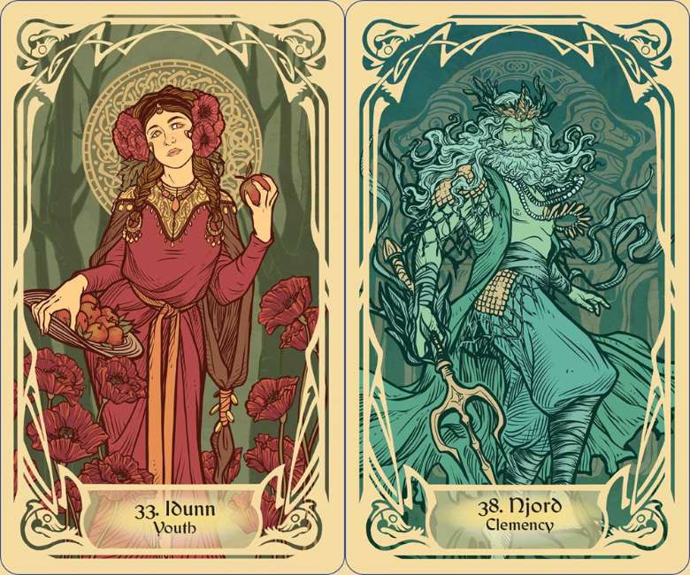 Runes and the Gods Oracle deck featuring Norse runes and mythological gods illustrated by Thyonesca.