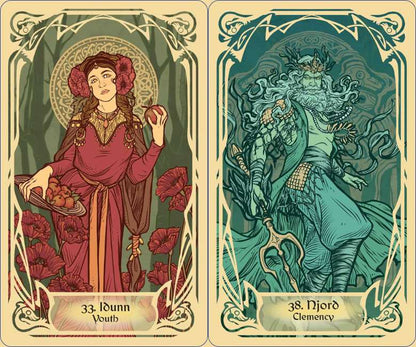 Runes and the Gods Oracle deck featuring Norse runes and mythological gods illustrated by Thyonesca.