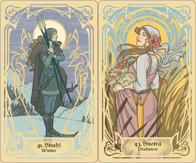 Runes and the Gods Oracle deck featuring Norse runes and mythological gods illustrated by Thyonesca.