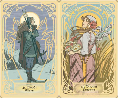 Runes and the Gods Oracle deck featuring Norse runes and mythological gods illustrated by Thyonesca.