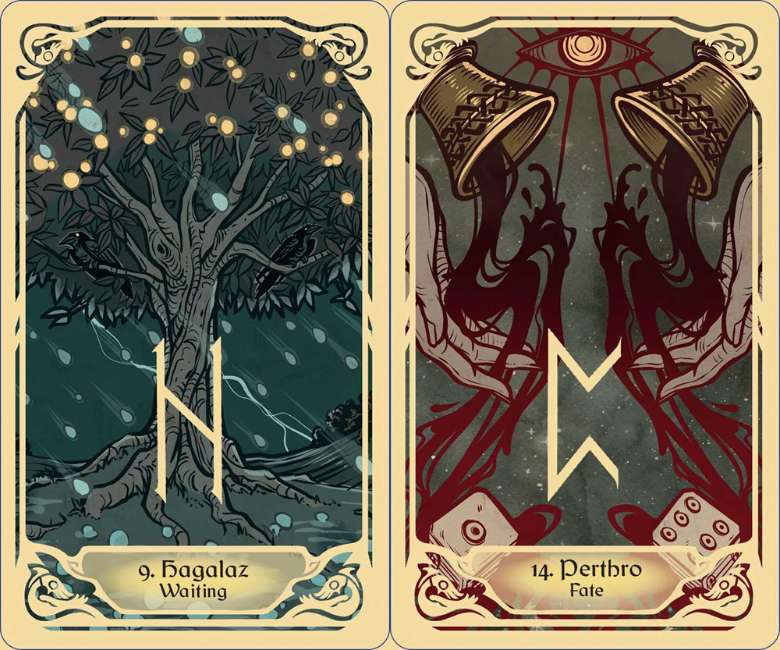 Runes and the Gods Oracle deck featuring Norse runes and mythological gods illustrated by Thyonesca.