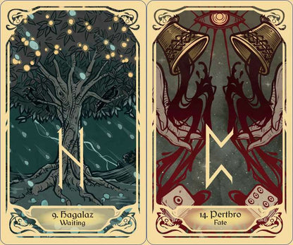 Runes and the Gods Oracle deck featuring Norse runes and mythological gods illustrated by Thyonesca.