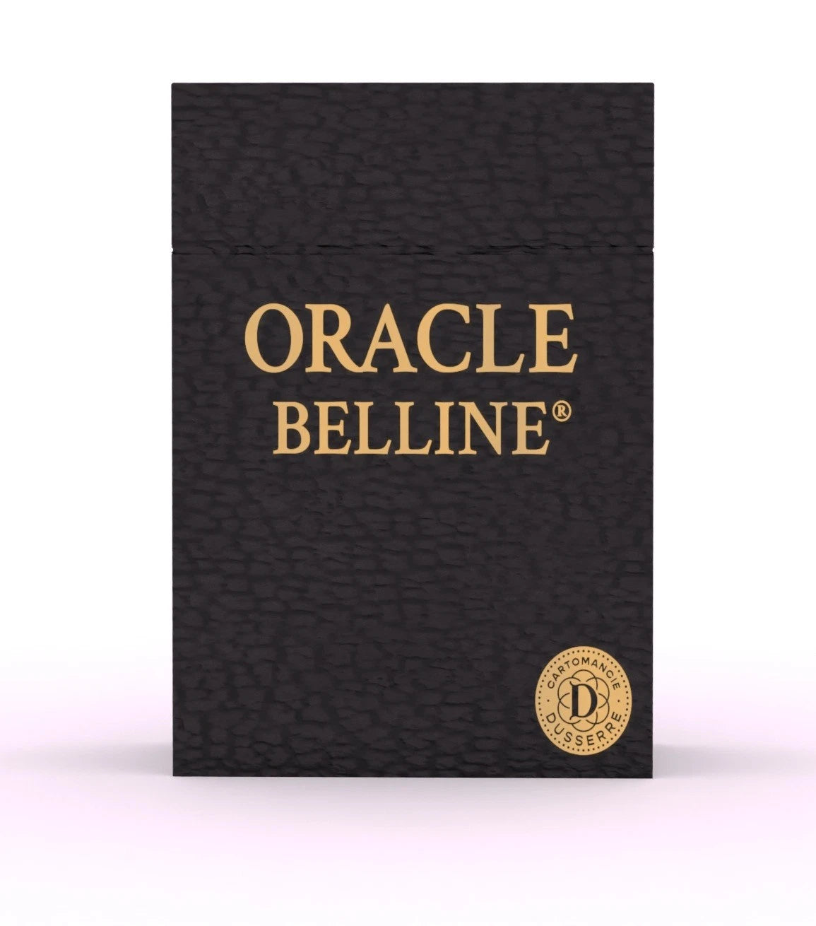 A black textured Oracle Belline deck box with gold lettering and a gold circular seal, shown on a white background with a soft pinkish glow at the base.