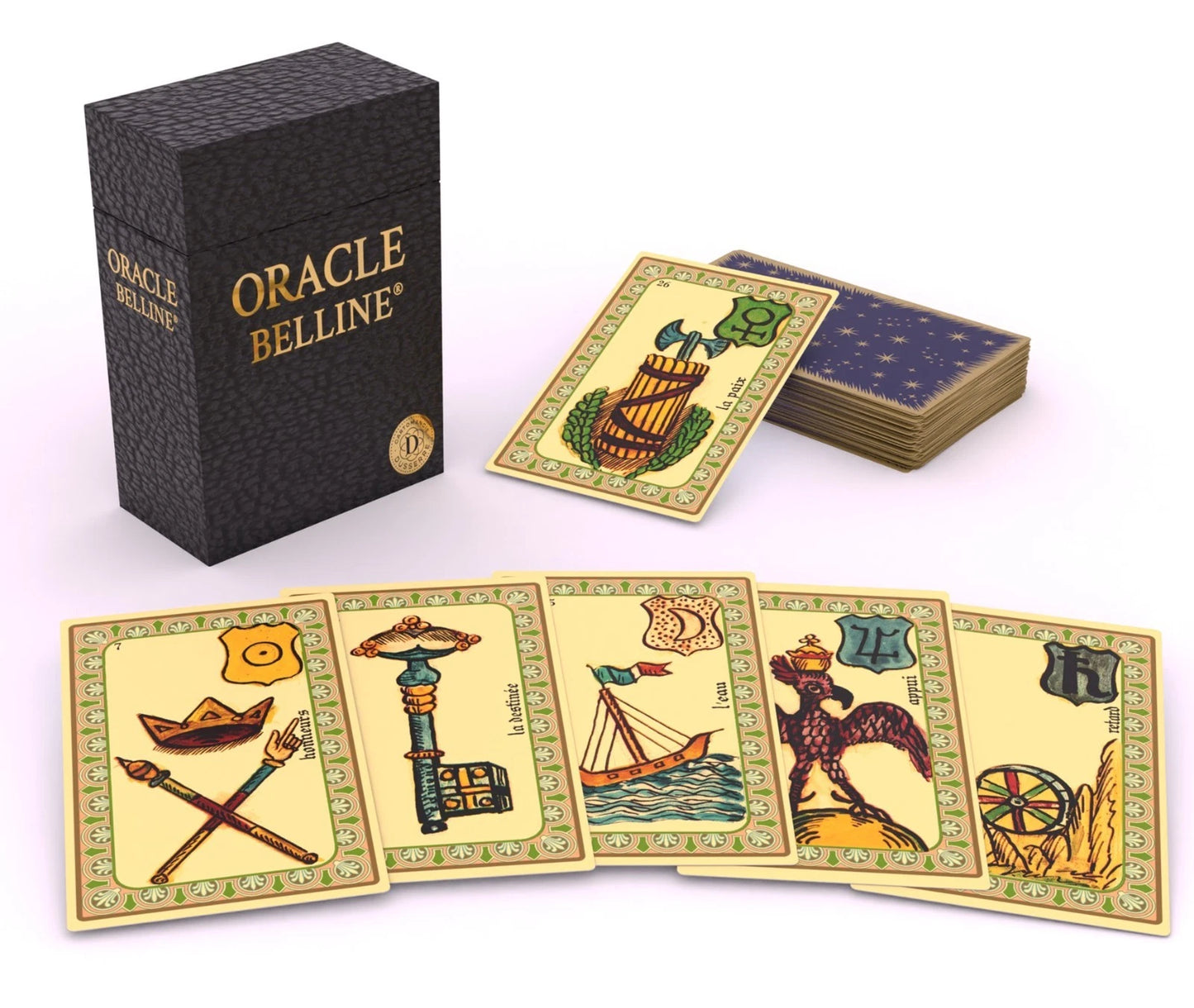 Oracle Belline tarot deck set with a textured black box, a deck of cards, and several fanned tarot cards showing illustrated faces on a white background.
