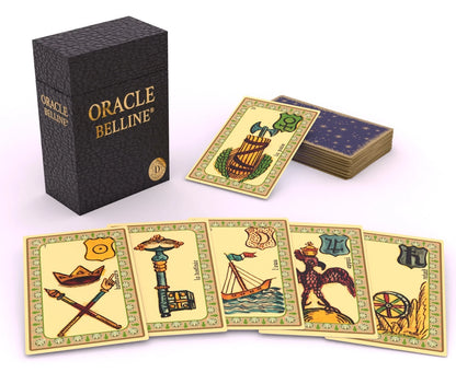 Oracle Belline tarot deck set with a textured black box, a deck of cards, and several fanned tarot cards showing illustrated faces on a white background.