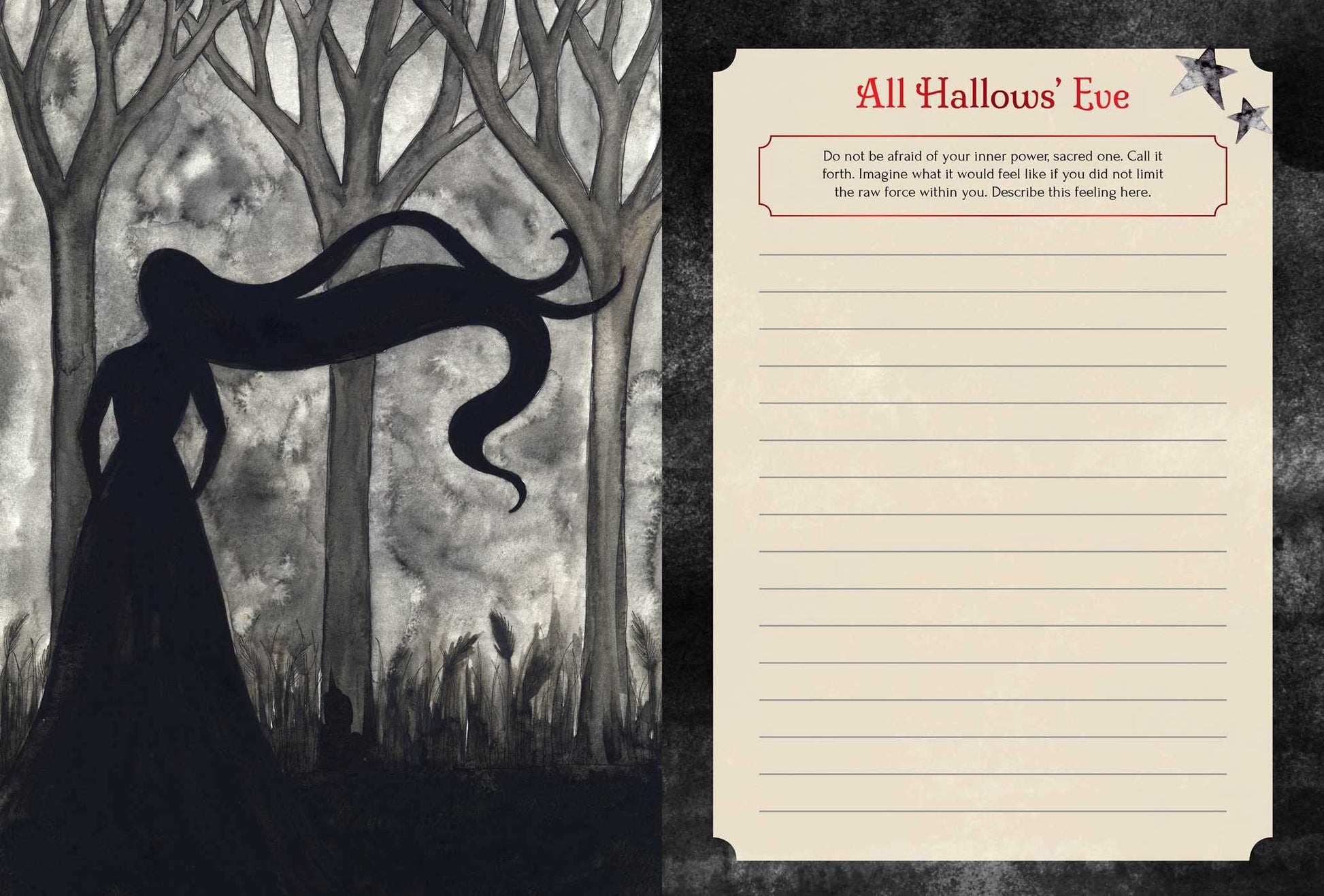 Jopurnal page showing the card from seasons of the witch samhain oracle deck All hallows eve. A journal prompt is placed at the top of the page 