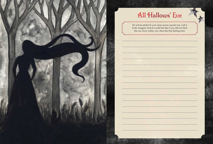Jopurnal page showing the card from seasons of the witch samhain oracle deck All hallows eve. A journal prompt is placed at the top of the page 