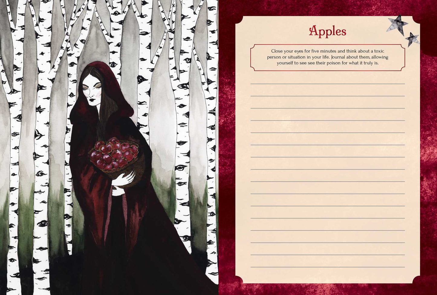 Journal page showing the card from seasons of the witch samhain oracle deck Apples. A journal prompt is placed at the top of the page 
