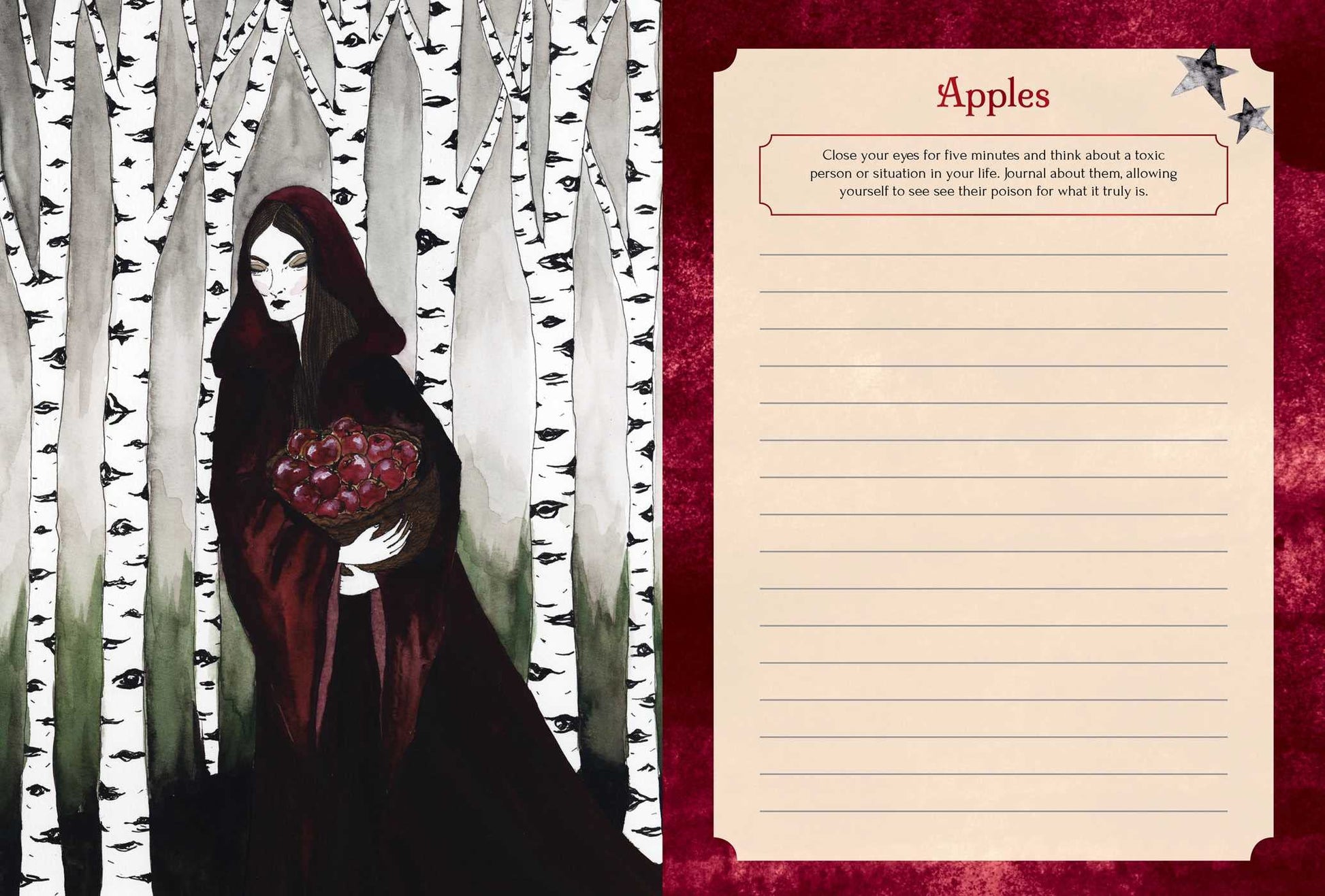Journal page showing the card from seasons of the witch samhain oracle deck Apples. A journal prompt is placed at the top of the page 