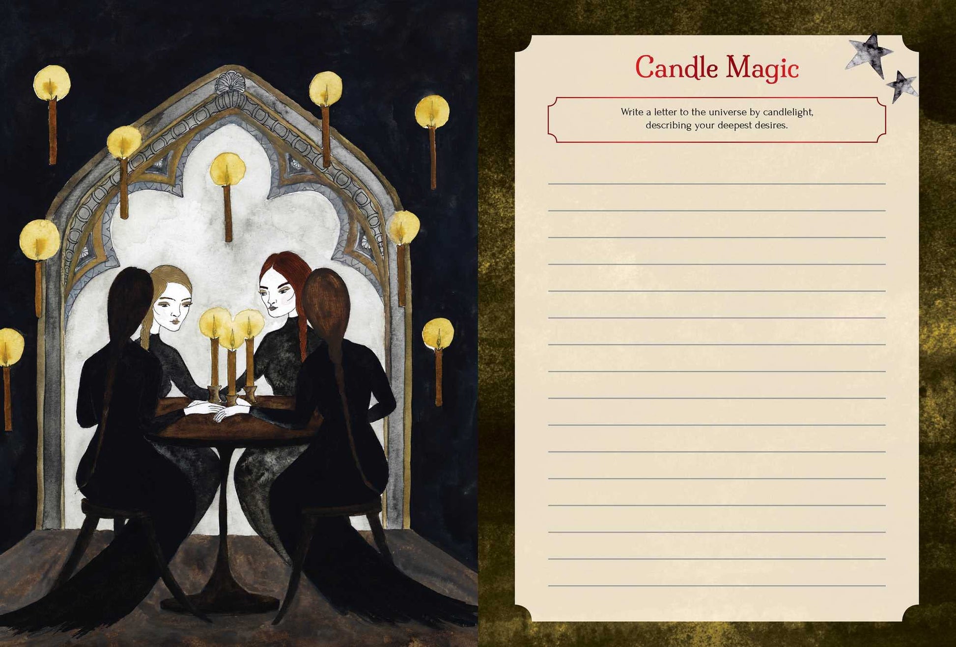 Journal page showing the card from seasons of the witch samhain oracle deck Candle magick. A journal prompt is placed at the top of the page 