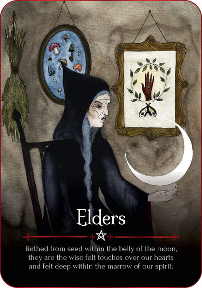 A wise woman sitting on a wooden chair holding a crescent moon with foliage  and herbal pictures on the wall 