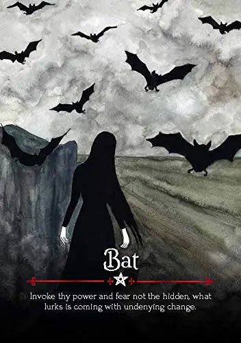 A woman looking forward over the misty horizon surrounded by bats 