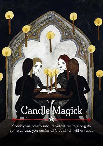 A coven of witches around the table performing candle magic