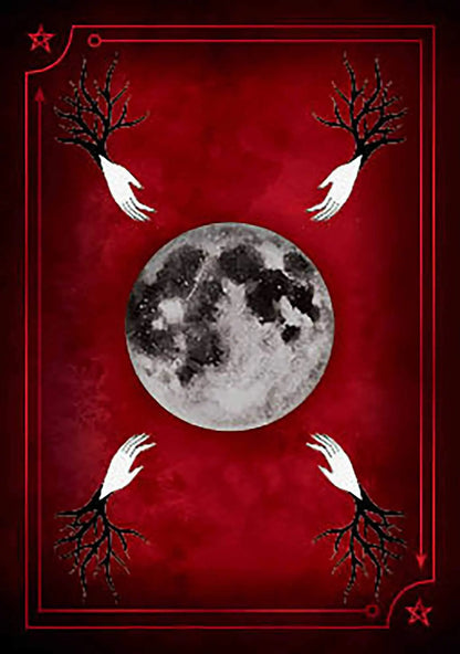 A vibrant red background with a full moon to the centre and rooted hands reaching 