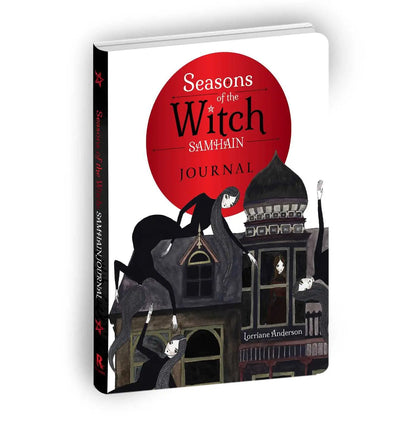 A book cover for 'Seasons of the Witch: Samhain Journal' featuring a stylized illustration with a gothic building, a full moon, and some figures.