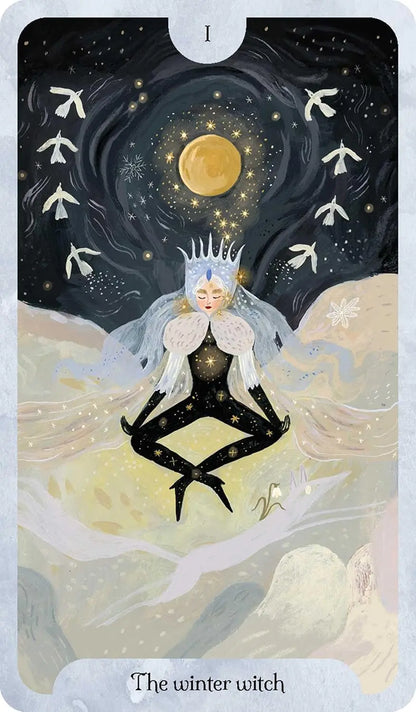 Seasons of the Witch Winter Tarot by Lorriane Anderson featuring beautiful winter-inspired artwork celebrating Yule, Imbolc, and the Wheel of the Year. The Winter witch