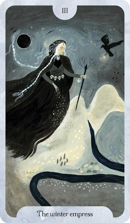 Seasons of the Witch Winter Tarot by Lorriane Anderson featuring beautiful winter-inspired artwork celebrating Yule, Imbolc, and the Wheel of the Year. The empress