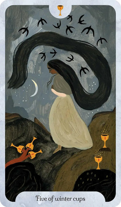 Seasons of the Witch Winter Tarot by Lorriane Anderson featuring beautiful winter-inspired artwork celebrating Yule, Imbolc, and the Wheel of the Year. Five of winter cups