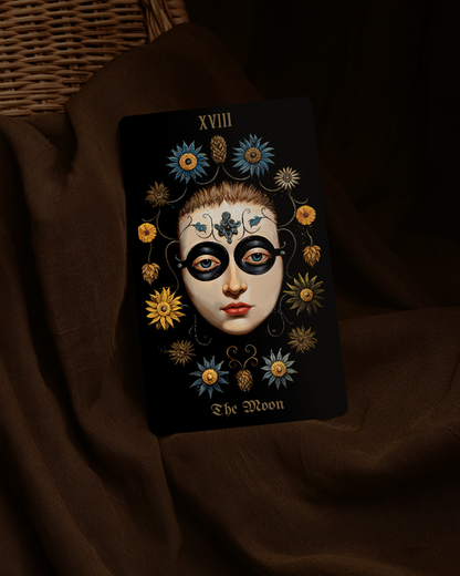 Tarot card titled 'The Moon' with decorative elements on a dark background