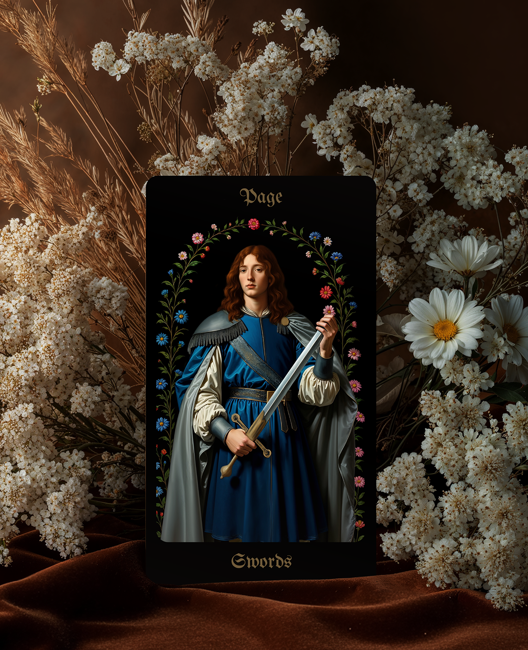 Tarot card featuring a figure holding swords with floral decorations, surrounded by white flowers and dried plants.