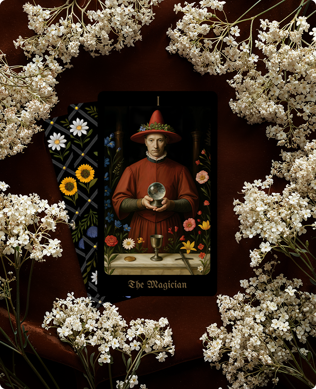 Card featuring 'The Magician' from a tarot deck with decorative flowers around it.
