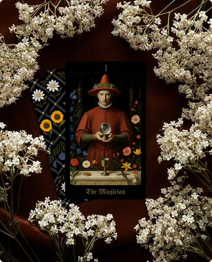 Card featuring 'The Magician' from a tarot deck with decorative flowers around it.