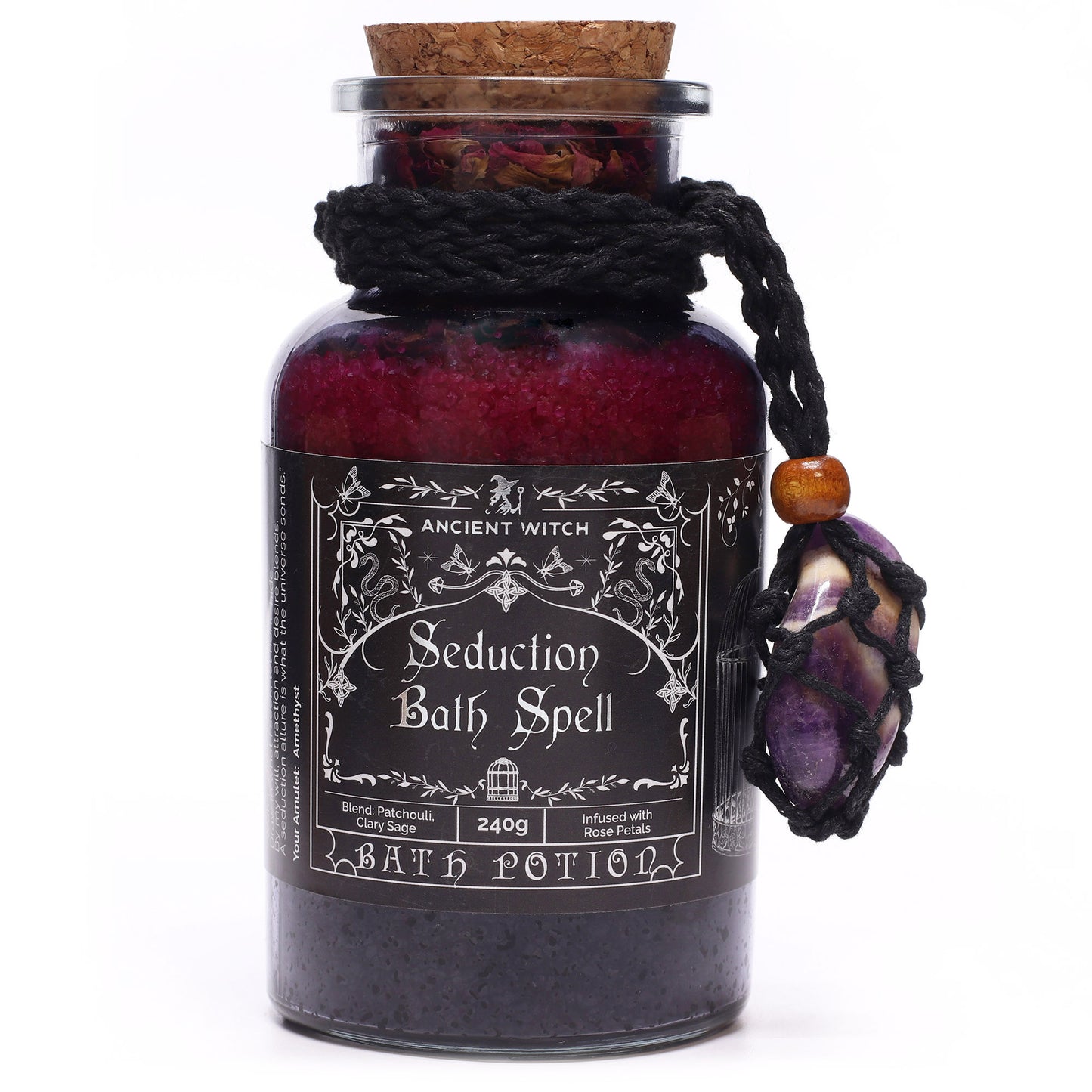 Bath potion labeled 'Seduction Bath Spell' with decorative elements on a white background