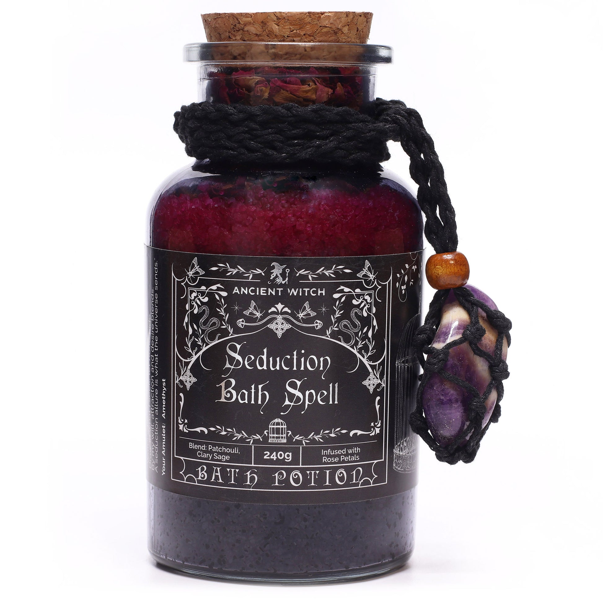 Bath potion labeled 'Seduction Bath Spell' with decorative elements on a white background
