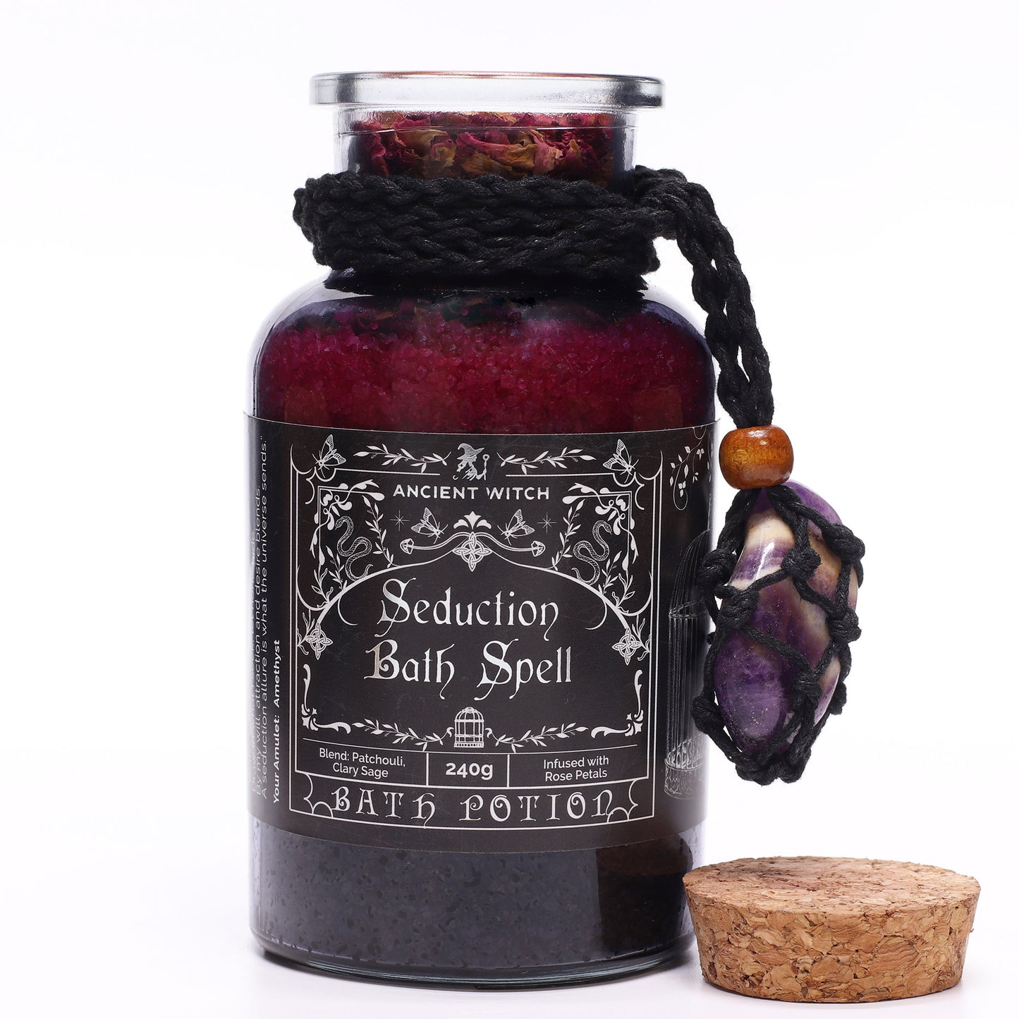 Bath potion labeled 'Seduction Bath Spell' by Ancient Witch on a white background
