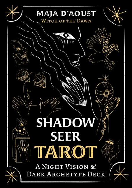 Book cover of 'Shadow Seer Tarot' by Maja D'Aoust with black and gold illustrations on a dark background.