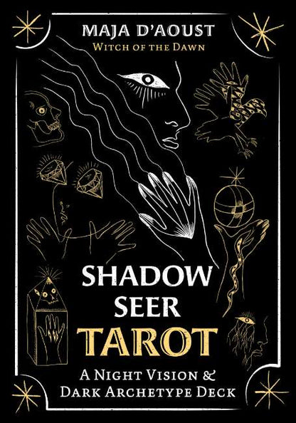 Book cover of 'Shadow Seer Tarot' by Maja D'Aoust with black and gold illustrations on a dark background.