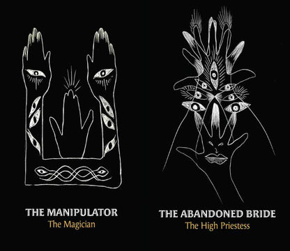 Black and white illustrations of hands with eye details, labeled 'The Manipulator' and 'The Abandoned Bride', on a black background.
