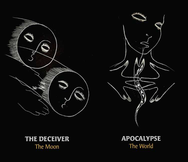 Two black and white line drawings of faces with text 'The Deceiver' and 'Apocalypse' on a black background.