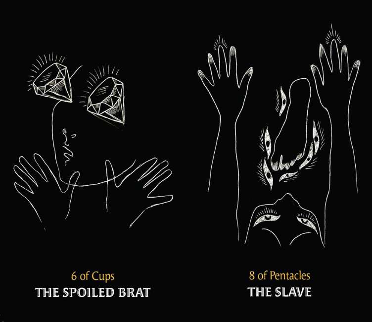 Two tarot card illustrations labeled '6 of Cups' and '8 of Pentacles' on a black background.