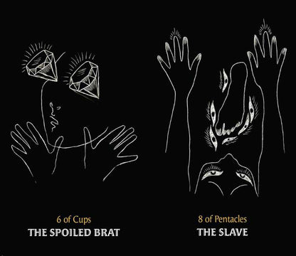Two tarot card illustrations labeled '6 of Cups' and '8 of Pentacles' on a black background.