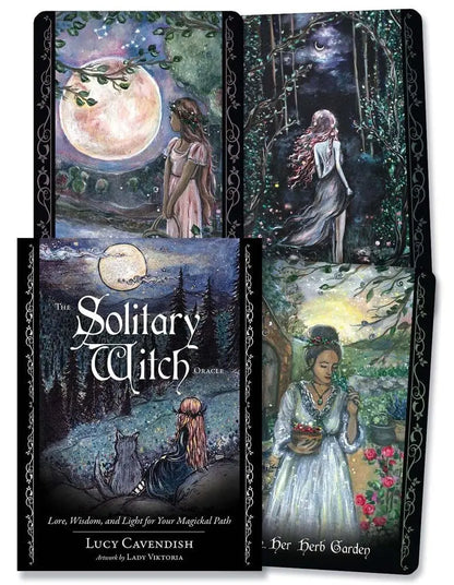 The Solitary Witch Oracle deck by Lucy Cavendish with mystical nature-inspired artwork and guidebook.