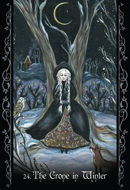 The Solitary Witch Oracle deck by Lucy Cavendish with mystical nature-inspired artwork and guidebook.