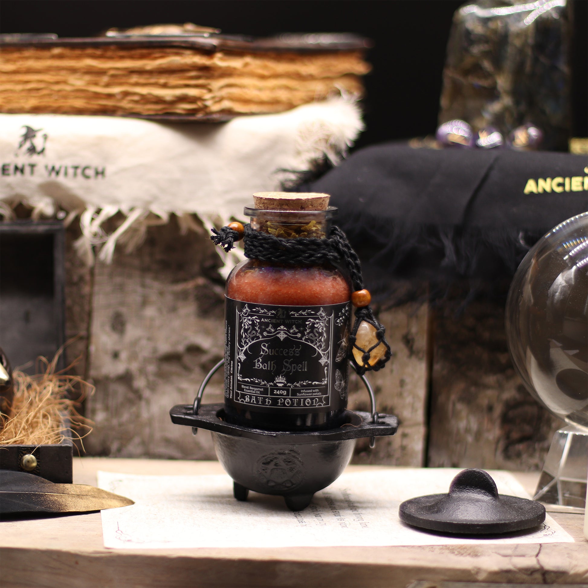 Decorative bottle with label on a stand in a mystical setting