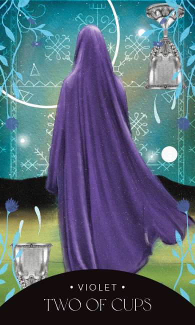 Card from a tarot deck featuring a figure in a purple robe with two cups and a starry night background.