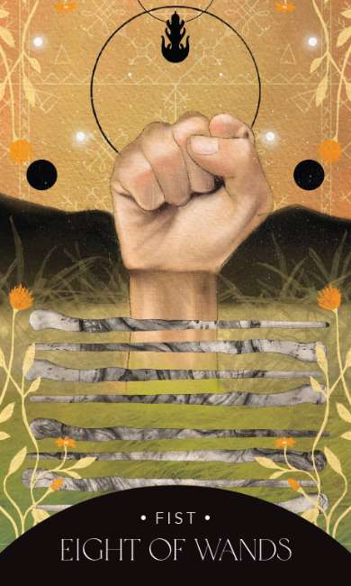 Card from a tarot deck showing a raised fist over wands with a nature-themed background.