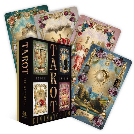 Tarot Divinatorium tarot deck by André Sanchez with ornate gilded cards, baroque artwork, guidebook, and Rockpool Publishing presentation box.