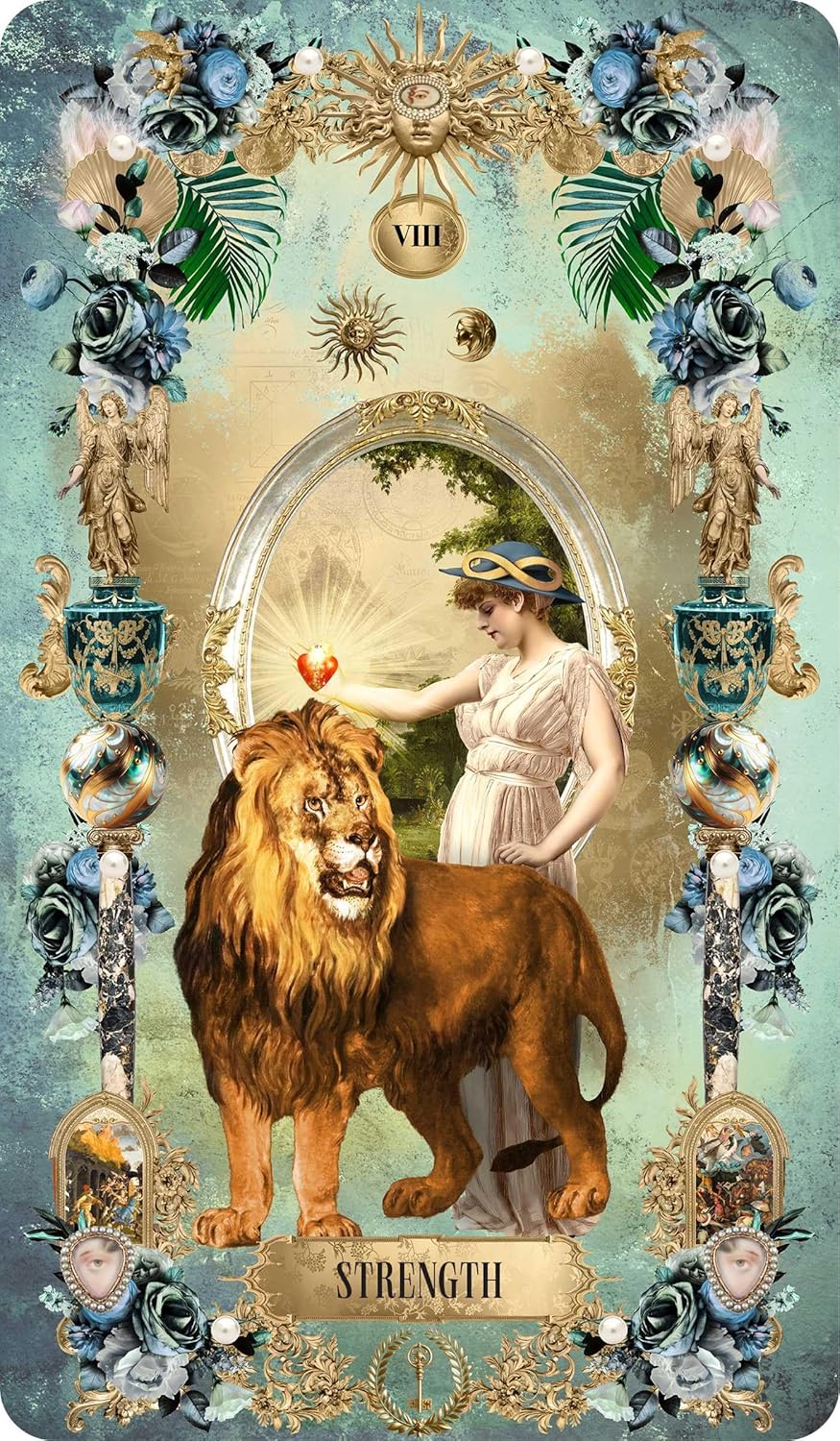 Tarot Divinatorium by André Sanchez – gilded baroque Rider-Waite tarot deck with ornate gold frames and 176-page guidebook from Rockpool Publishing.